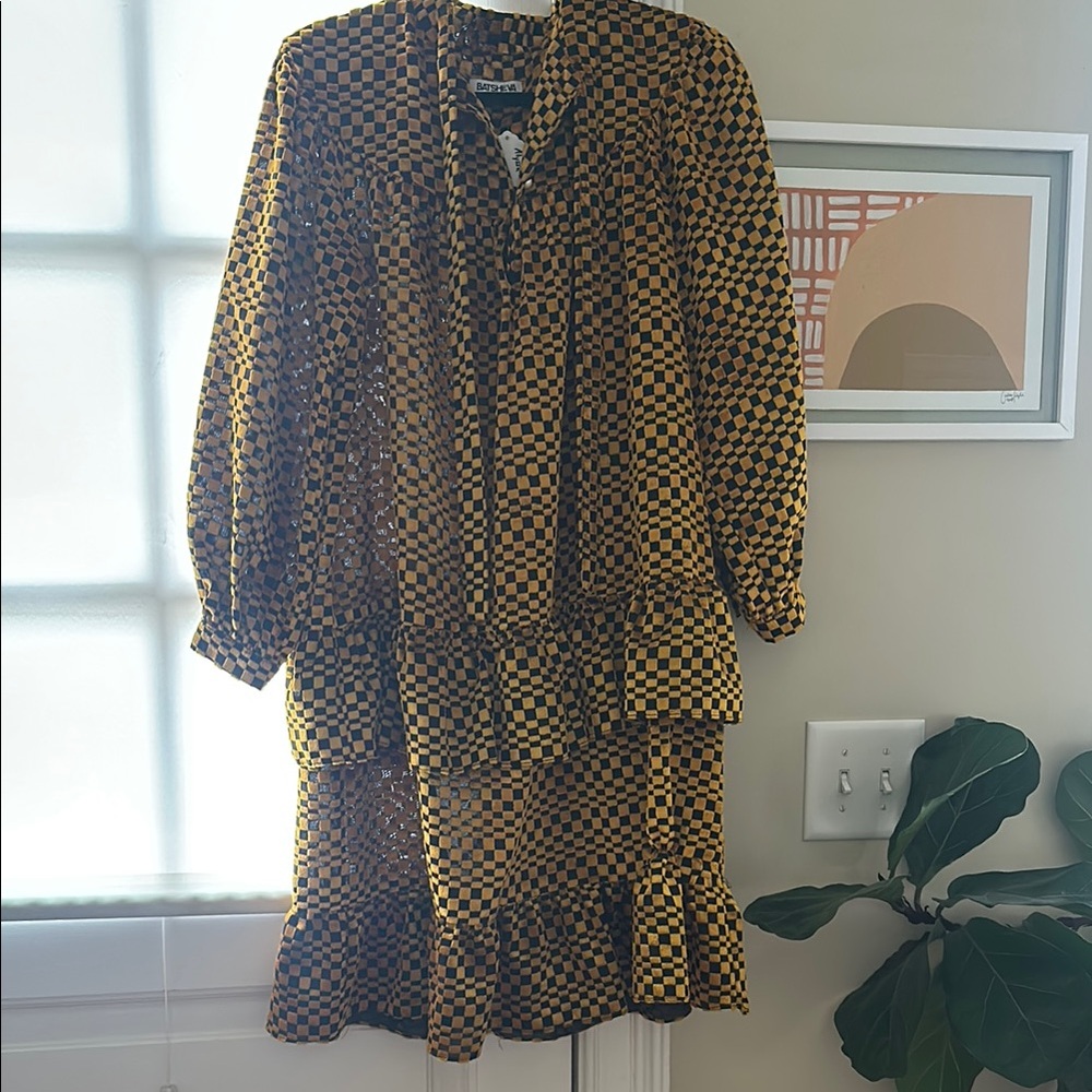 Batsheva Checkered Dress in Black and Gold